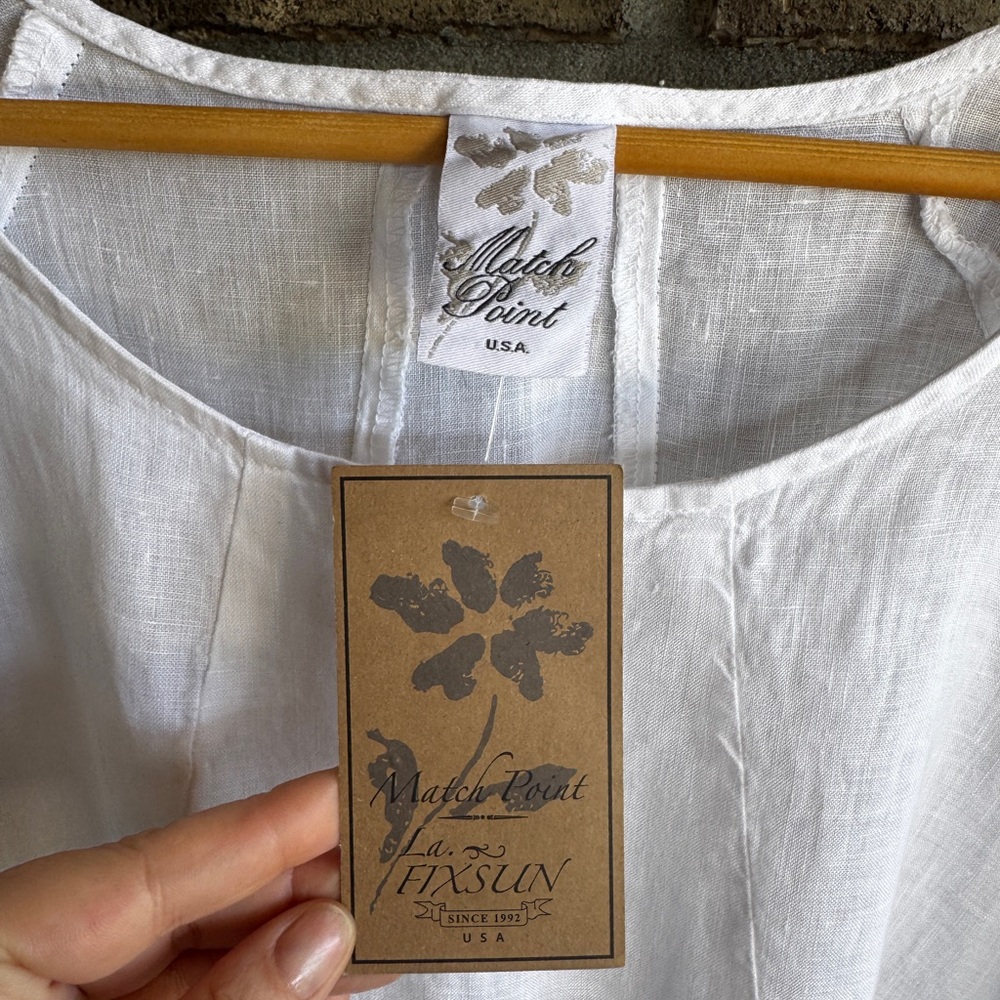 Match Point La Fixsun 100% Linen White Ruffle Hem Tunic Top L Lagenlook Made USA - Picture 2 of 11